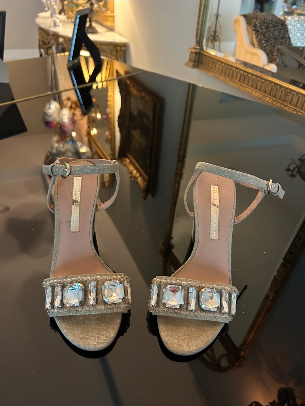 Audrey Brooke Silver Gold Embellished Ankle-Strap Heels